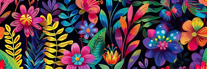 Fototapeta na wymiar brightly colored florals against a black background with green leaves