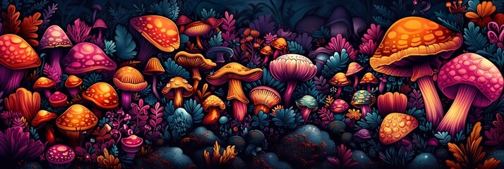 a very colorful artwork depicting mushrooms with a variety of leaves