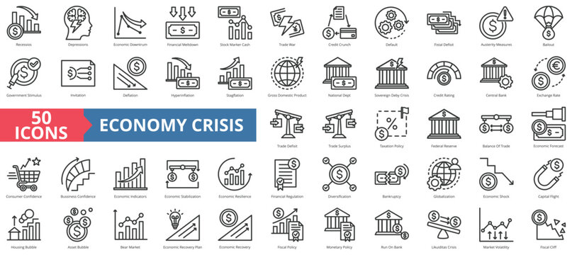 Economy Crisis icon collection set. Containing depressions, economic downturn, financial meltdown, stock marker cash, recession, credit crunch, default, trade war icon. Simple line vector.