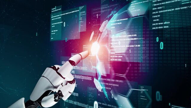 MLP Futuristic robot artificial intelligence revolutionary AI technology development and machine learning concept. Global robotic bionic science research for future of human life. 3D rendering graphic