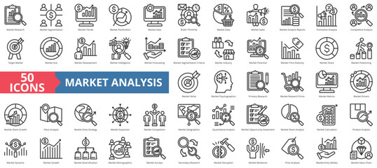 Market research icon collection set. Containing segmentation, trends, penetration, buyer personas, data, sales, analysis icon. Simple line vector.