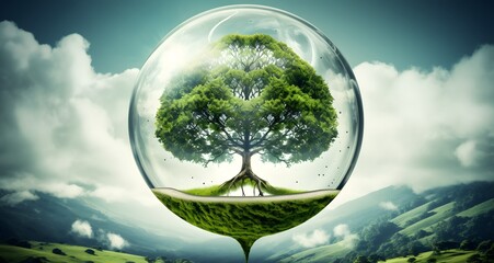 AI generated illustration of a tree enclosed in glass sphere with air bubbles in backdrop - obrazy, fototapety, plakaty