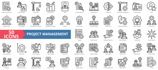 Project construction management icon collection set. Containing subcontractor, design, success, boss, financial analysis, image industry, architecture icon. Simple line vector.