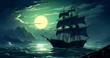 AI generated illustration of a sailing ship under a full moon on water