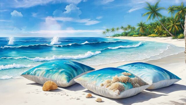 On the quiet beach, pillows are lined up waiting for visitors who want to rest while enjoying the fresh sea breeze. seamless looping time lapse animation video background 