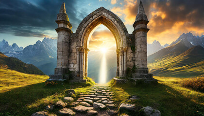 Magic stone gate with light coming through pillars. Old arch. Mysterious portal to another world
