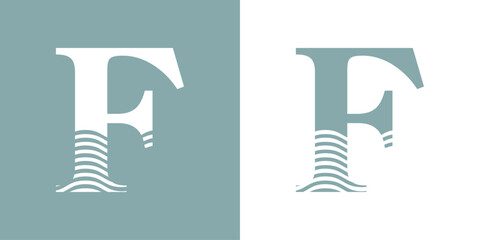 Logo Nautical. Letra inicial F con olas de mar - 786126980