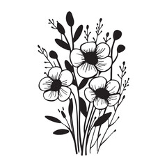 Black bunch of flowers line art design, vector illustration on white background