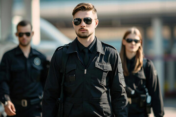 Fototapeta premium Professional Security Guard Service with Young Male Bodyguards in Black Uniforms Providing Protection and Surveillance