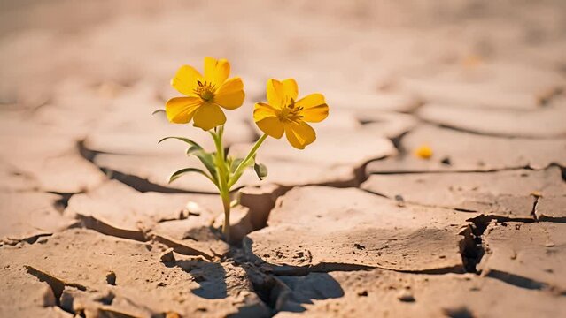 A small sapling with yellow and white flowers, resilient and thriving despite growing in cracked, parched ground devoid of water, Survival in adversity and resilience disasters such as global warming	