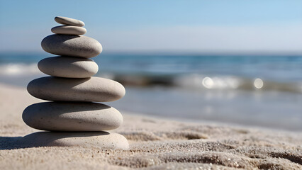 Stack of pebble stones on a white sandy beach under blue sky, balance and harmony image concept - obrazy, fototapety, plakaty
