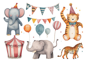 Set of decorative funny kids circus magic fairy wand and clown trick design vintage icons set doodle color sketch vector illustration © Pickoloh