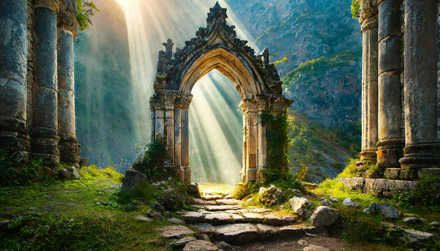 Magic stone gate with light coming through pillars. Old arch. Mysterious portal to another world
