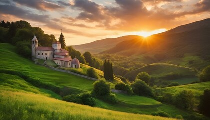 AI generated illustration of sunset light illuminates ancient village in mountain valley - obrazy, fototapety, plakaty
