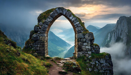 Fototapeta na wymiar Old arch made of stone, beautiful mountain landscape. Mysterious portal to another world