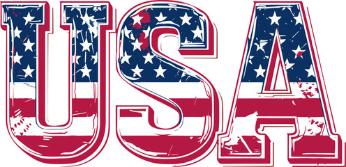 USA flag grunge text, American flag in letters, isolated on white background, vector illustration.