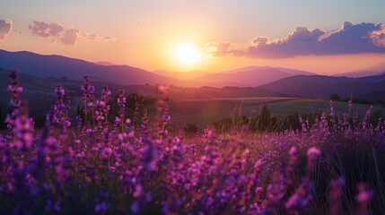 Sunset Embracing Purple Lavender Fields in Hills