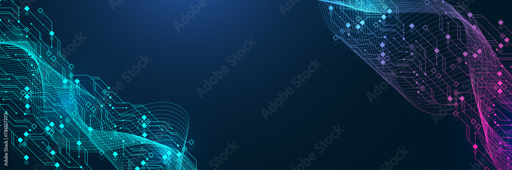 Leinwandbilder Quantum computer technologies concept. Futuristic blue circuit board background. Modern technology circuit board texture background design. Waves flow. Quantum explosion technology.