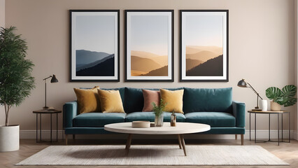 interior with blue sofa.  mock up poster frame