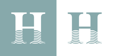 Logo Nautical. Letra inicial H con olas de mar - 786128149