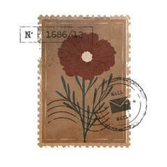Vintage Botanical Postage Stamp. Old Mail Postmark with Flower Isolated on Transparent Background