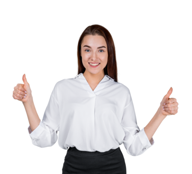 A smiling woman giving two thumbs up, wearing a white blouse and black skirt, isolated on a white background, concept of approval