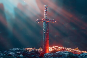 A sword is standing on a rocky mountain