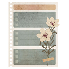 Vintage Scrapbook Sticky Notes with Flowers. Retro To Do-List Isolated on Transparent Background