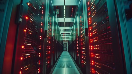 Data Center Server Room with Red Lights