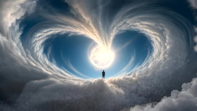 Person with whirl clouds in the sky