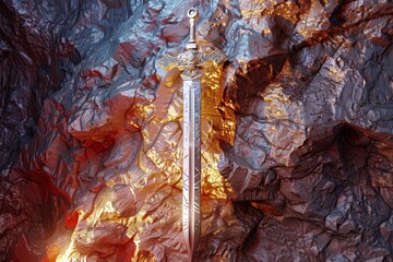 A sword is standing on a rocky mountain - obrazy, fototapety, plakaty