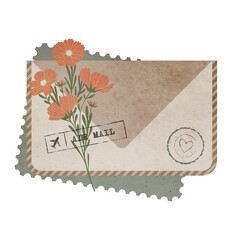 Vintage Scrapbook Envelope with Flowers and Postal Stamps. Old Grunge Note Isolated on Transparent Background