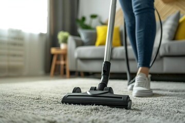 Professional man cleaning dirty carpet for housekeeping tasks. - obrazy, fototapety, plakaty