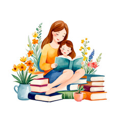Mother and child sitting on books, reading story book watercolor illustration, cute moments baby, mothers day children's day, isolated clipart relationship