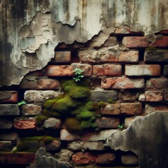 Moss and a lone plant emerge from a wall of decaying bricks, symbolizing life's persistence