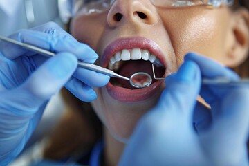 Patient at dental office getting teeth checked by hygienist - obrazy, fototapety, plakaty