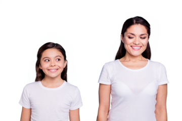 Close up photo amazing pretty two people brown haired mum and small daughter standing straight looking side each other cunning wearing white t-shirts isolated on bright blue background