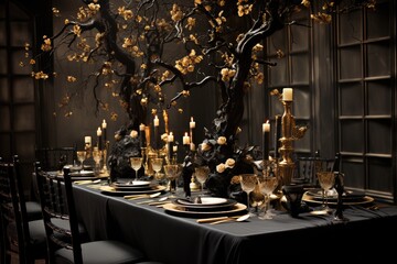 Eerie Elegance: Use black and gold color schemes for an elegant yet spooky look. - obrazy, fototapety, plakaty