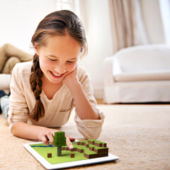 Child, happy and tablet for online games, gamification or virtual entertainment with digital...