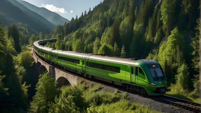 # Photorealistic Images prompt"Fastgreen train passing through a verdant, mountainous, and forest-filled environment. The train is sleek and modern, with vibrant green colors reflecting its speed and 