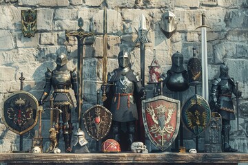 A collection of medieval armor and weapons are displayed on a wall