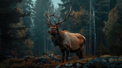 A majestic elk with grand antlers guards its forest home as darkness approaches