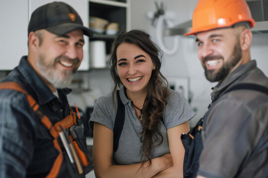 Two plumbers repair kitchen for happy woman customer