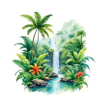 Tropical rainforest in a costa Rica, lush biodiversity watercolor illustration clipart greenery nature isolated