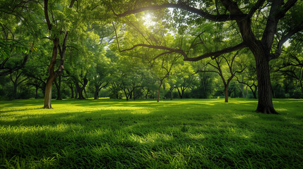 A lush green field with a tree in the foreground. The sky is overcast and the sun is barely visible