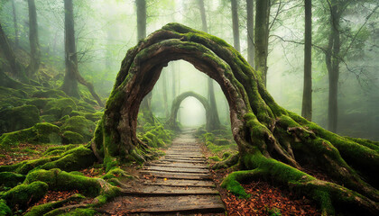Abstract arch made of tree roots on forest path. Mysterious portal to another world, magical place.