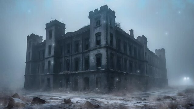 Witness the spectral presence of old castle ruins veiled in fog, hauntingly depicted in this captivating 4K looping video