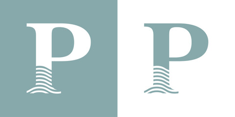 Logo Nautical. Letra inicial P con olas de mar