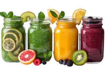 Assorted Fresh Fruit Smoothies in Mason Jars with Decorative Garnishes on a transparent background