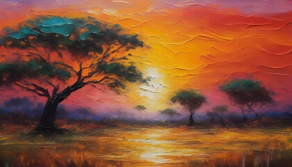 A tranquil African landscape. Abstract art. - obrazy, fototapety, plakaty
